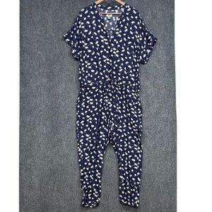 Old Navy jumpsuit XXL navy blue floral pocket tie waist short sleeve snap bodice